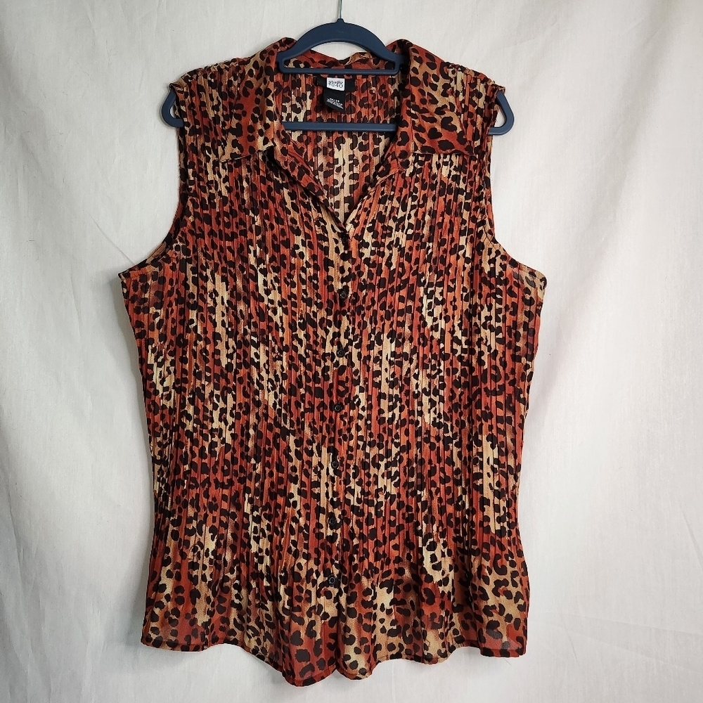 Studio 1940 Animal Print Black,Orange Blouse V-Neck Sleeveless Button size 22/24